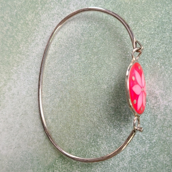 ALPACA Mexico Silver MOP Enamel HOT PINK Bangle Abalone Shell Flower Bracelet - Picture 3 of 13